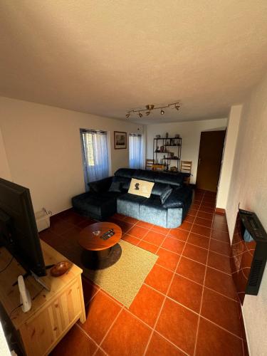 a living room with a couch and a television at Casa do Terreiro in São João de Tarouca