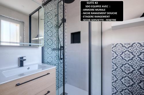 a bathroom with a shower with a sink and a mirror at BEL APPARTEMENT 3 SUITES AVEC Wc SDO PRIVATIFS - CUISINE COMMUNE in Tassin-la-Demi-Lune