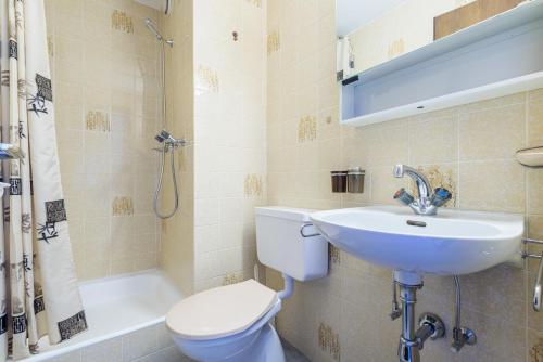 a bathroom with a sink and a toilet and a shower at Arnica 1 - 6 pers - piscine in Nendaz