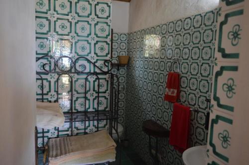 a bathroom with a green and white patterned wall at Villa Janas in San Teodoro