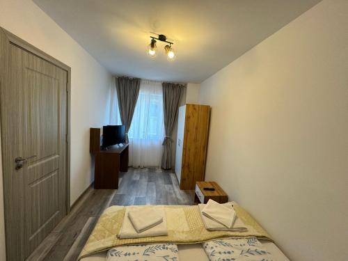 Cette petite chambre comprend 2 lits et une porte. dans l'établissement Apartament Andreas, à Băile Herculane