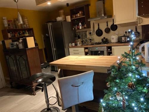 a kitchen with a christmas tree in front of a counter at B4-Jacks Court in Stalybridge