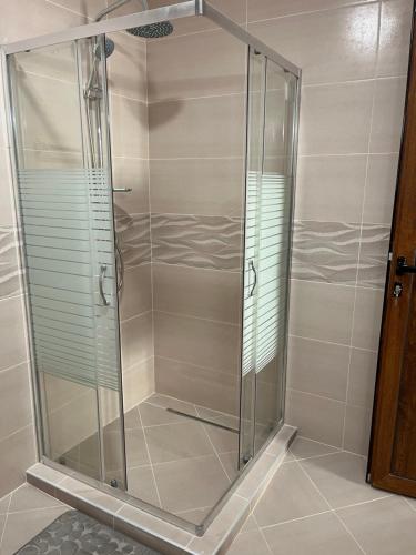 a shower with glass doors in a bathroom at Rila Hills in Samokov