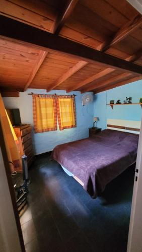 een slaapkamer met een groot bed en een paarse deken bij Hakuna Matata in Santa Rosa de Calamuchita