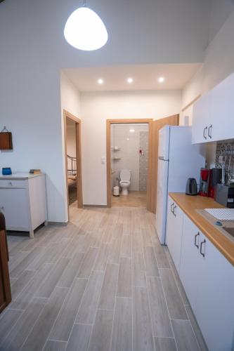 a kitchen with white appliances and a wooden floor at Fyllenia Country Home, Aridaia, Pozar Baths in Chrýsa