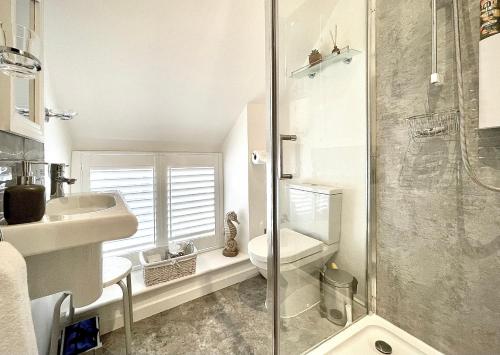 a bathroom with a shower and a toilet and a sink at Tetbury Cottage 