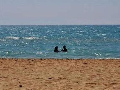 two people sitting in the water at the beach at Blu lagon FOR FAMILY in Ras Sedr