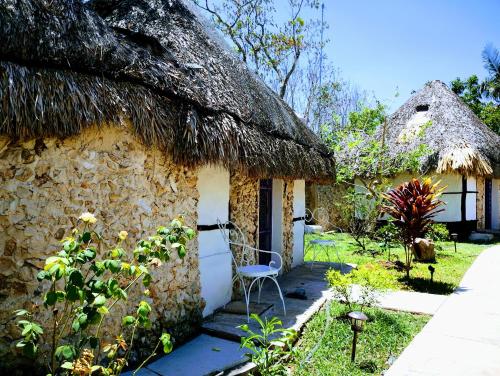 a house with a thatch roof and a chair outside at Hotel y Museo Aldea Maya Toktli Orígenes - Casa Maya Del Toloque Coronado - Alberca, Wifi Starlink, Tour Museo in Izamal