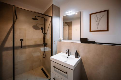 a bathroom with a sink and a shower at Hello Adventure in Sinaia
