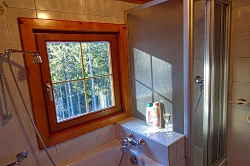 ein Badezimmer mit Badewanne und Fenster in der Unterkunft Almchalet Goldbergleiten in Großkirchheim