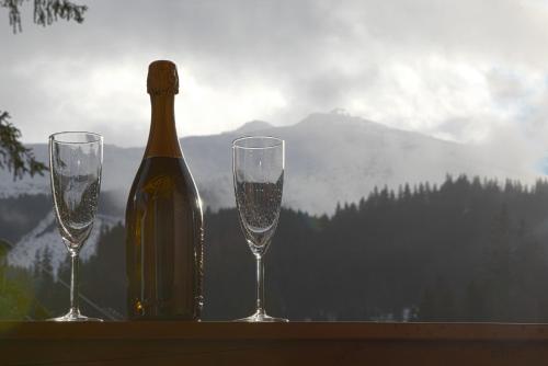 a bottle of wine and two glasses on a table at Apartmán Bruno so saunou in Demanovska Dolina