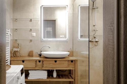 a bathroom with a sink and a mirror at Apartmán Bruno so saunou in Demanovska Dolina