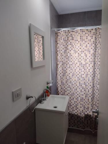a bathroom with a sink and a shower curtain at DTo CÉNTRICO LOBOS 2 E in Lobos