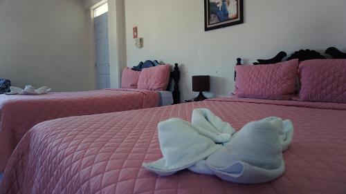 a bedroom with two beds with a stuffed animal on them at Hotel Murallas 231 in Campeche