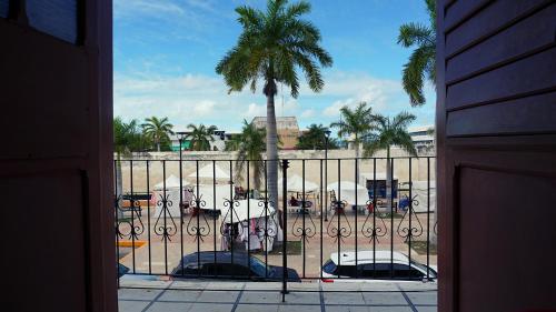 a gate with a palm tree in a parking lot at Hotel Murallas 231 in Campeche