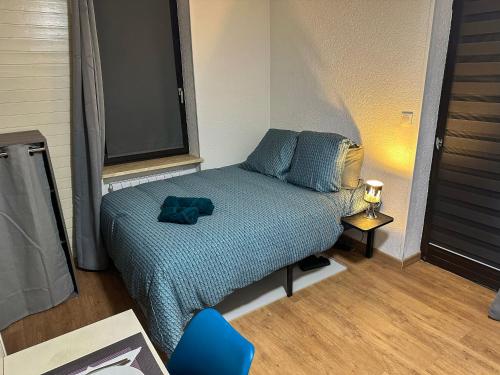 OttmarsheimにあるStudio Cosy équipé avec terrasseの窓のある部屋にある小さなベッド