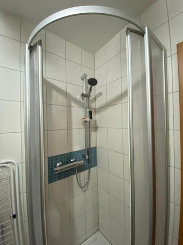 um chuveiro numa casa de banho com uma porta de vidro em Moderne Wohnung Nähe Hauptbahnhof Linz em Linz