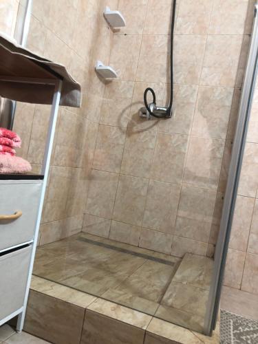 a shower with a glass door in a bathroom at Apartament în regim hotelier familie in Vatra Dornei