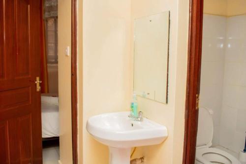 a bathroom with a sink and a toilet at Belch Apartment in Kisumu