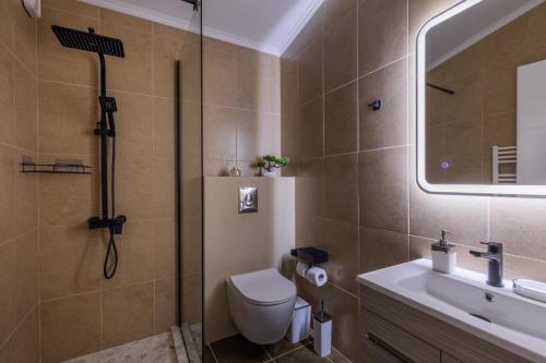a bathroom with a shower and a toilet and a sink at Luxury Central Apartment 2 in Xanthi