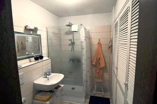 ein weißes Bad mit einem Waschbecken und einer Dusche in der Unterkunft FeWo Lüneburger Heide - Minni in Bad Bevensen