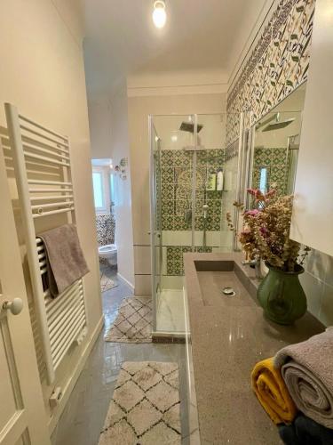 une salle de bain avec douche et miroir dans l'établissement AIR CONDITIONING - METRO 14 - CHARMING TRADITIONAL STYLE AND MODERN ACCESS 10 MN AWAY FROM CENTER Of PARIS, à Clichy