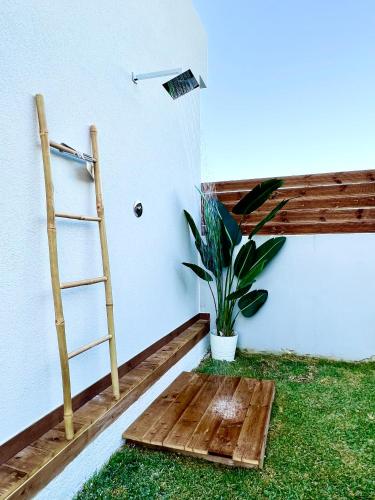 a ladder and a plant next to a wall at Muthee Luxurious Private Villa in Laganas