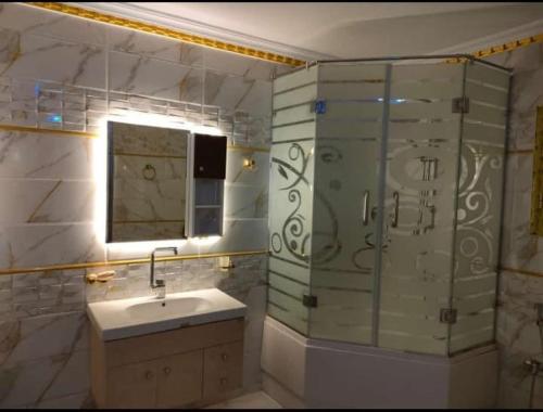 a bathroom with a sink and a shower and a mirror at Luxurious vip apartment in Cairo