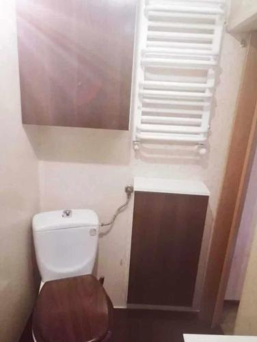 a small bathroom with a toilet and a shelf at Pokój ul Krótka in Toruń