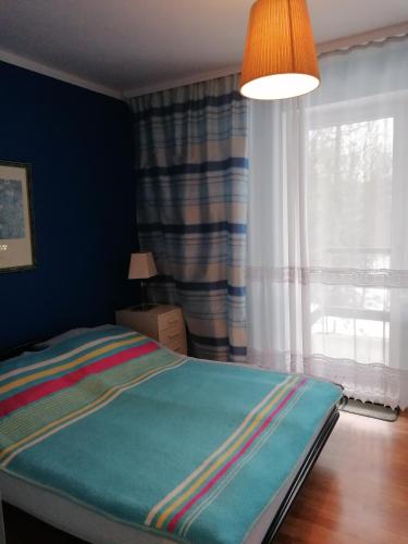a bedroom with a bed with a large window at Dom "Honorat", Kamianna 70, 33-336 in Kamianna