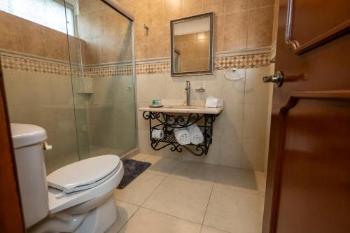 a bathroom with a toilet and a sink and a shower at Gran Hotel Firenze in Tequisquiapan