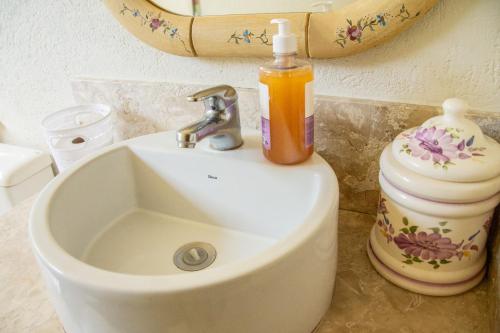 a sink with a soap dispenser on top of it at Casa das Pedras in Lagoa Santa