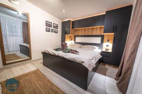a bedroom with a large bed and a large mirror at Apartments Ivangrad in Berane