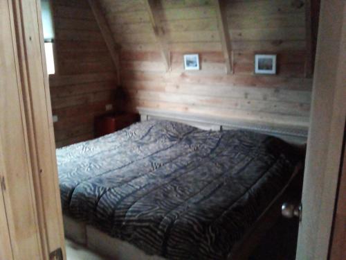 um quarto com uma cama num quarto com paredes de madeira em Linda cabaña en Puyehue con vista al volcán em Ñilque