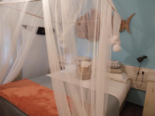 a bedroom with a bed with white mosquito nets at VILLA VILLACOLLE in Procchio