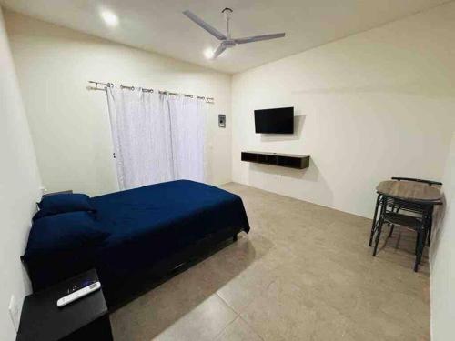a bedroom with a blue bed and a television at Habitación privada en Huatulco in Santa Cruz Huatulco