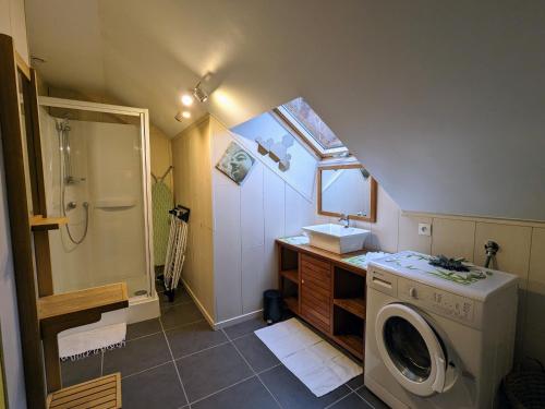 a bathroom with a sink and a washing machine at Chalet 3 étoiles avec sauna près de La Bresse - FR-1-589-18 in Basse-sur-le-Rupt