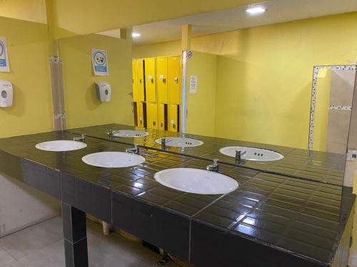 une rangée de lavabos dans une salle de bains commune dans l'établissement Big Hostel, à El Bolsón