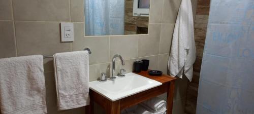 y baño con lavabo blanco y ducha. en CASITA DE ANELÉ en San Carlos de Bariloche