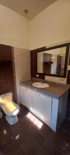 ein Badezimmer mit einem WC, einem Waschbecken und einem Spiegel in der Unterkunft Santa Paula Apartment in Salinas