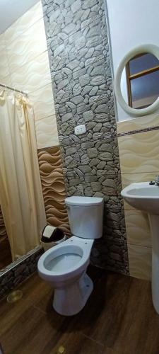 La salle de bains est pourvue de toilettes et d'un lavabo. dans l'établissement Hospedaje Fortaleza, à Oxapampa