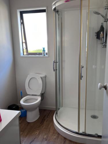 a bathroom with a toilet and a glass shower at Stay with Benny in Nelson