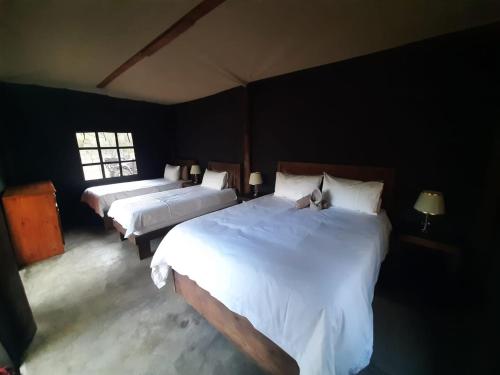 1 dormitorio con 2 camas con sábanas blancas en VlakkiesKraal Bosbok Camp, en Bela-Bela
