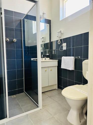 a bathroom with a shower and a toilet and a sink at Jacksons Motor Inn in Adelaide