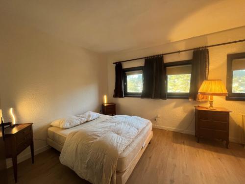 a bedroom with a bed and two windows at Appartement Villard-de-Lans, 2 pièces, 6 personnes - FR-1-761-34 in Villard-de-Lans
