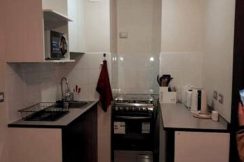 Una pequeña cocina con estufa y fregadero. en Departamento central Temuco, en Temuco