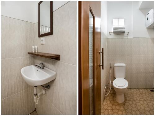 two pictures of a bathroom with a toilet and a sink at Super OYO Capital O 3463 Cimahi Guest House in Bandung