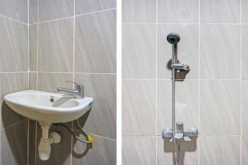 2 fotos de un lavabo y una ducha en el baño en Collection O 91414 Hotel Marina Beach, en Makassar