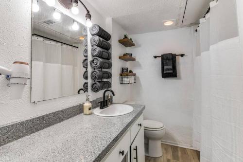 La salle de bains est pourvue d'un lavabo, de toilettes et d'un miroir. dans l'établissement Medical District_Fast Wi-fi, à Dallas