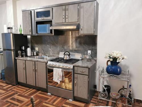 a kitchen with a stove and stainless steel appliances at Departamento El Muro Azul in Tijuana
